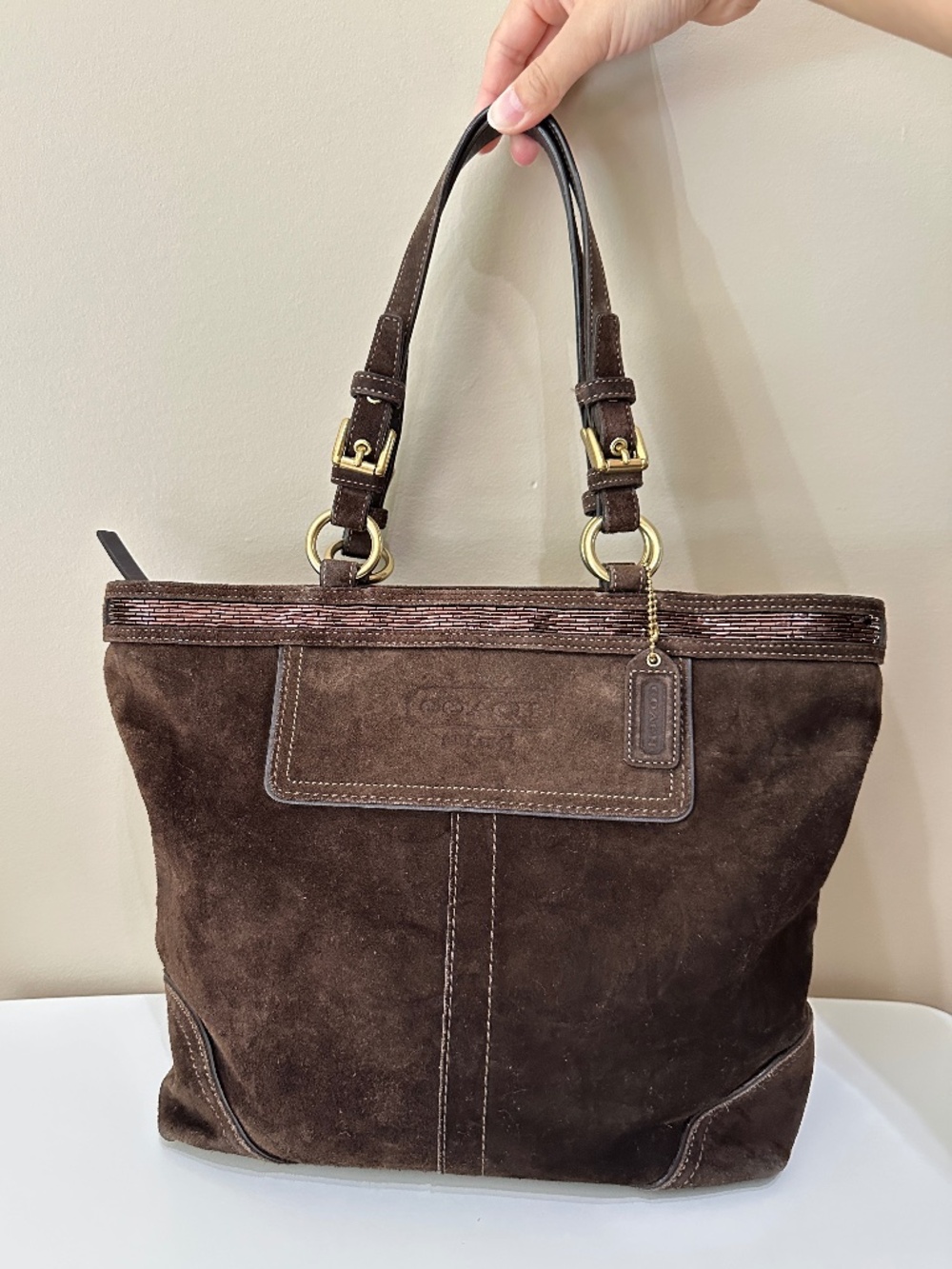 Vintage Coach Chocolate Brown Suede Signature Beaded Tote Bag 10442 Y2K